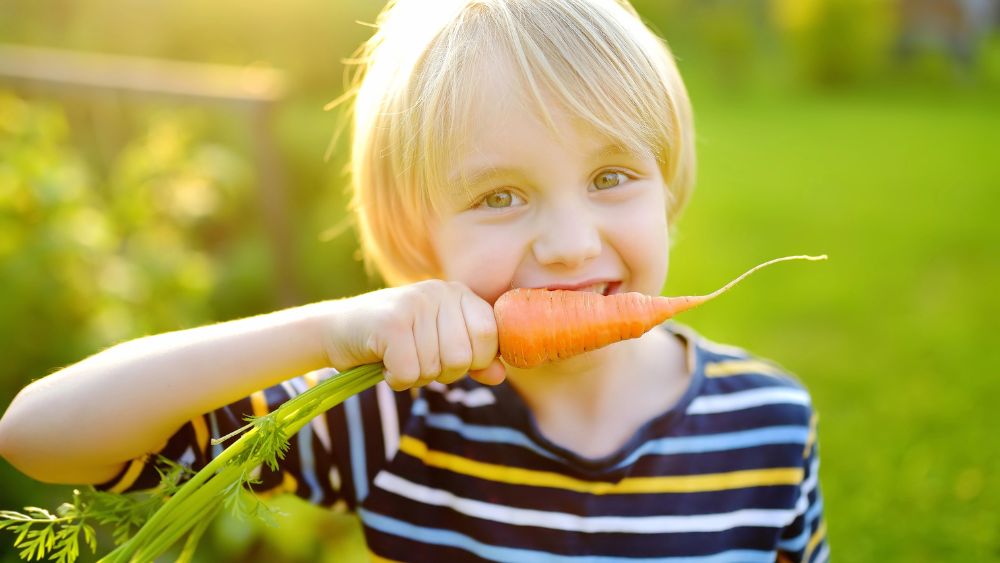 Un bambino che mangia auna carota - 7 consigli per rinforzare il sistema immunitario tutto l’anno 