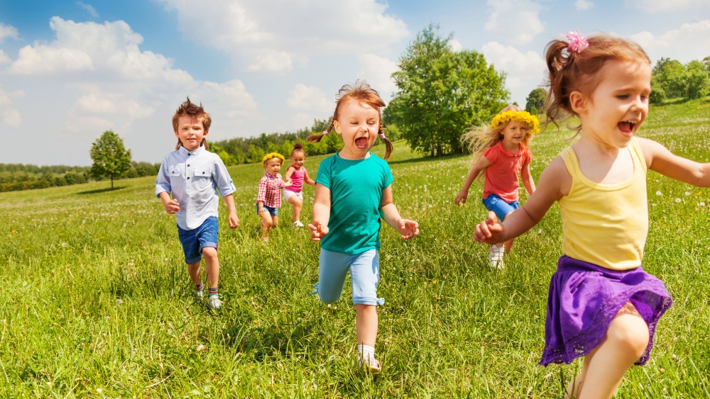 Gruppo di bambini che gioca in un prato