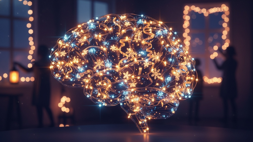 Effetto Natale e benessere - un cervello ricoperto di luci